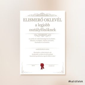   Elismerő oklevél a legjobb osztályfőnöknek sablon A/4 méret PDF