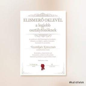   Szerkesztve - Elismerő oklevél a legjobb osztályfőnöknek sablon A/4 méret PDF 