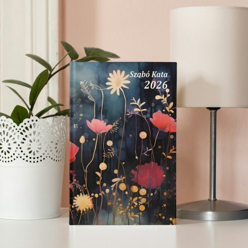 Virágos sablon | Egyedi névvel 2026-os keménytáblás határidőnapló A/5 napi beosztású